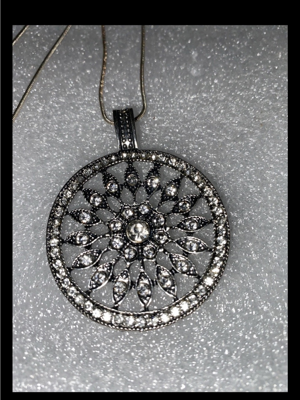 Silver Crystal Filigree Pendant Necklace - Elegant Round Statement